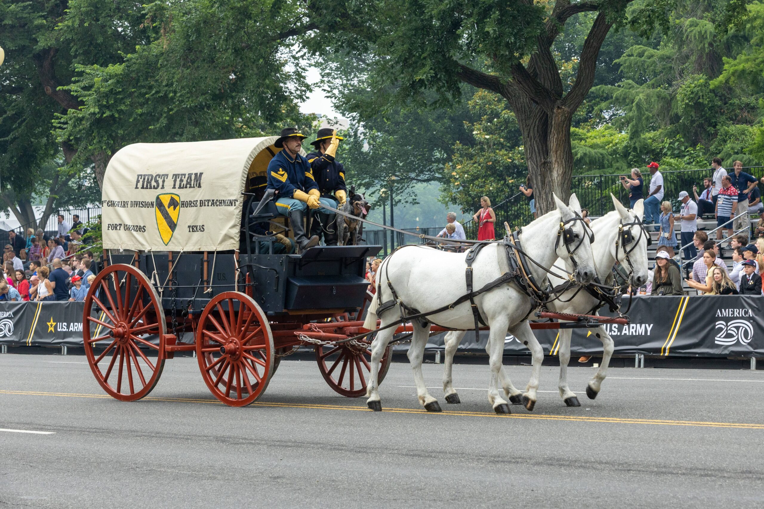 Un chariot bâché de la 1re division de cavalerie, tiré par deux chevaux blancs, rejoue la conquête de l'Ouest devant les tribunes clairsemées. Photo : Hu Yousong / Xinhua