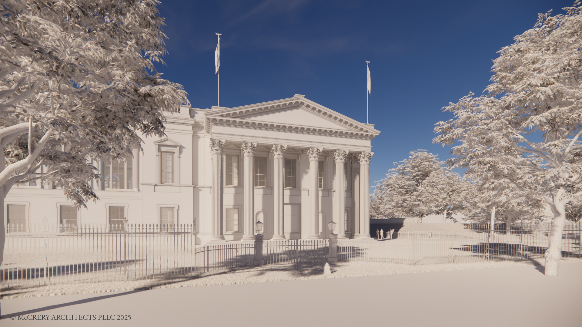 Con Corinthian columns, pediment, honor gate: the vocabulary is that of overt classicism—the richest order, which Washington had precisely rejected, insisting on a 'simple and neat' style for the presidential house © McCrery Architects PLLC, 2025.