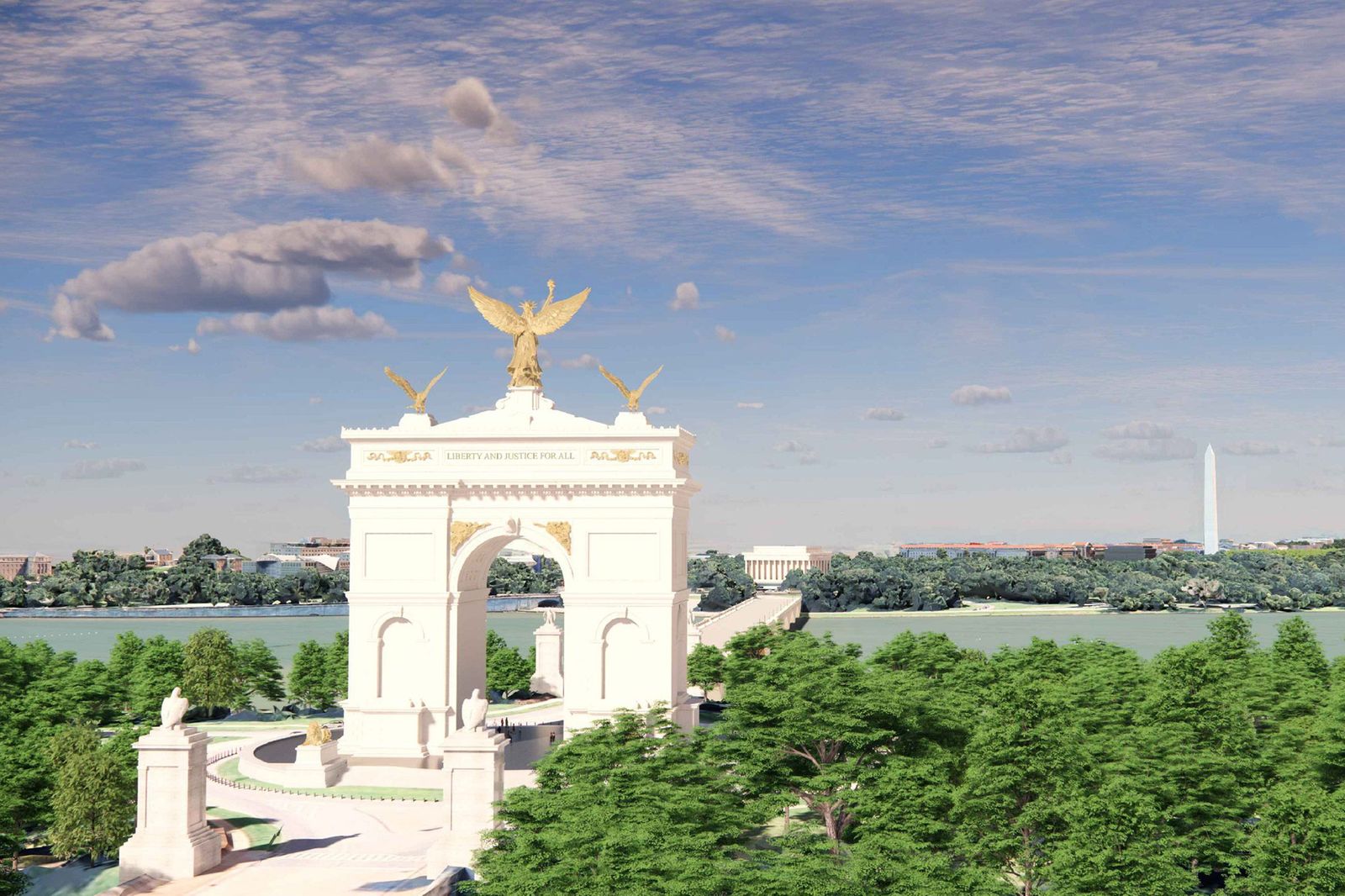 Rendering of the Independence Arch seen from Columbia Island, on the Virginia side of the Potomac: in line, the Arlington Memorial Bridge, the Lincoln Memorial and, in the distance, the Washington Monument. The attic bears the inscription “Liberty and Justice for All.” Official White House document