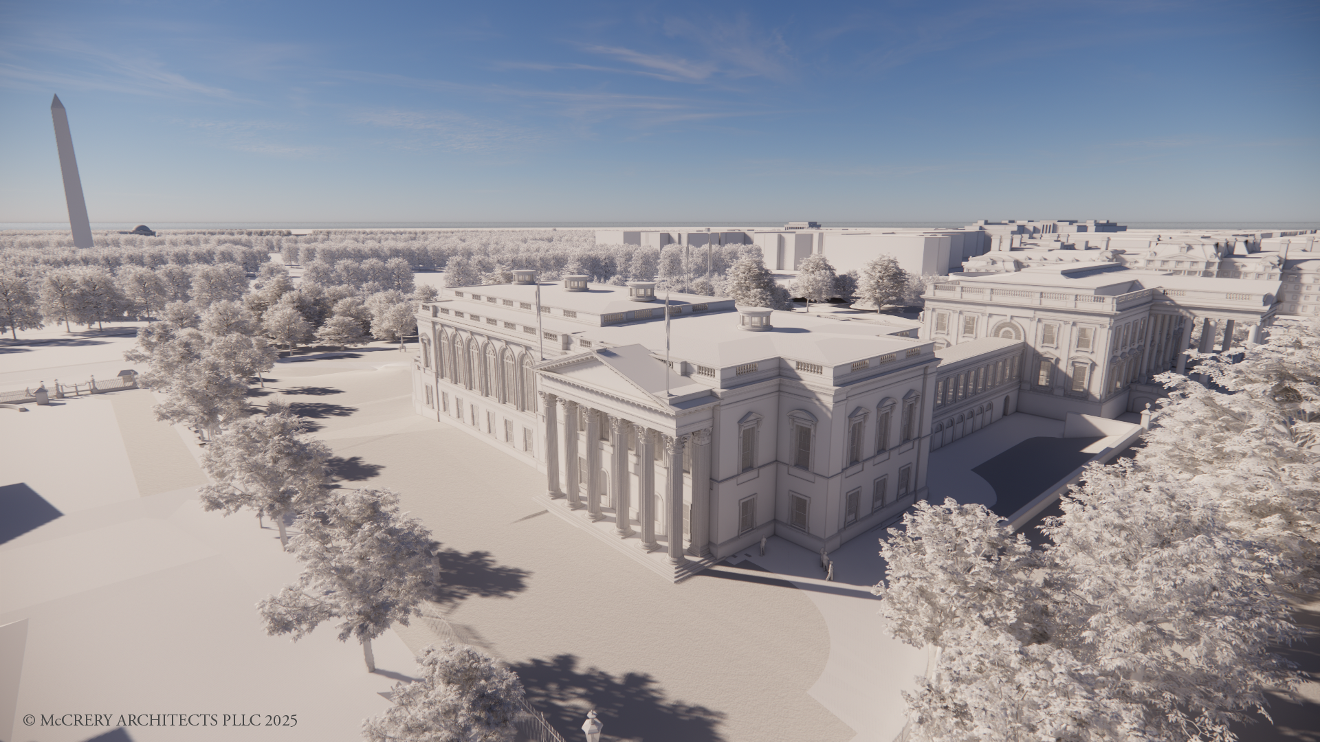 Rendering of the White House State Ballroom, the projected extension on the East Wing of the White House, aerial view with the Washington Monument in the background. © McCrery Architects PLLC, 2025.
