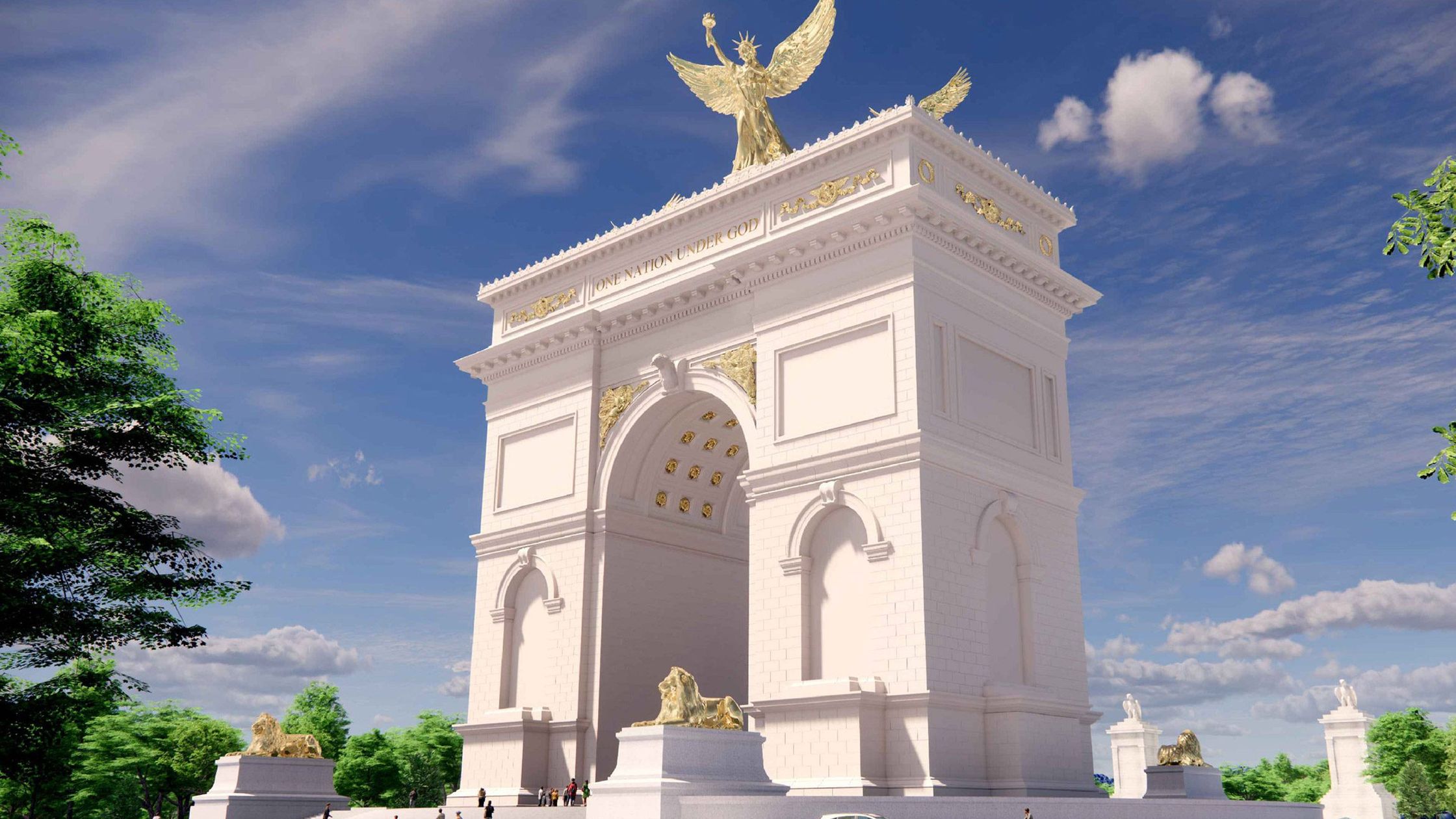 Architect’s rendering of the “Independence Arch” (or Arc de Trump) planned in Washington, on the Columbia Island roundabout. At 76 meters tall, the monument would bear the inscription “One Nation Under God” and a gilded winged Victory crowning it, reminiscent of the Statue of Liberty.
