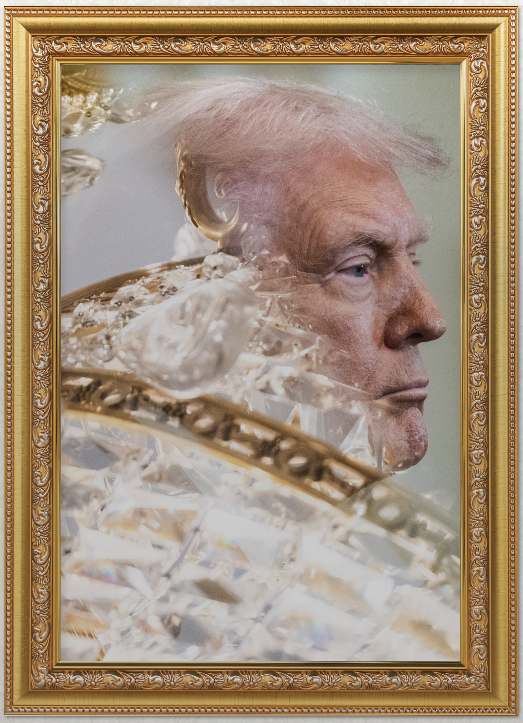 Donald Trump, in profile, photographed through the pendants of a crystal chandelier in the White House. Image from The Washington Post’s visual investigation into the Oval Office redesign.