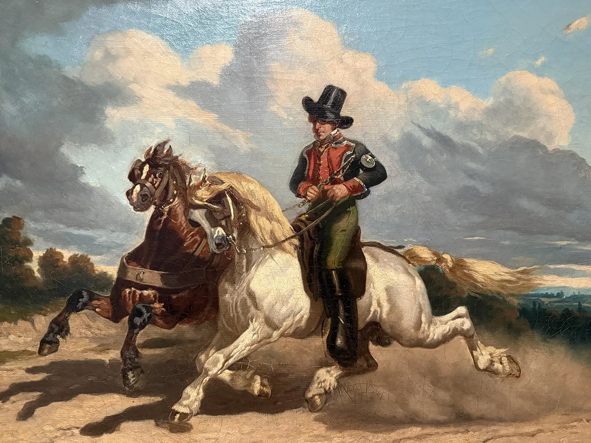 Un postillon ramenant au galop deux chevaux vers un relais. Peinture anonyme de l'école française, Postillon en livrée ramenant deux chevaux au galop, milieu du XIXe siècle. © Musée de La Poste