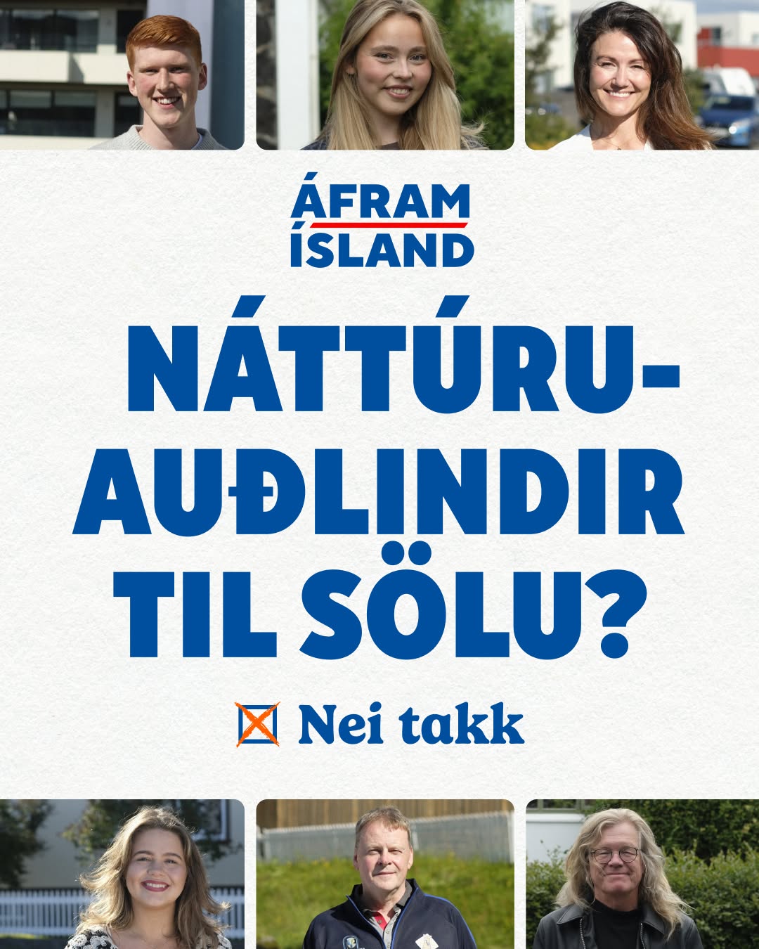 « Des ressources naturelles à vendre ? Non merci », image de campagne du mouvement Áfram Ísland publiée sur leur page Facebook le 22 août 2026. L’Union européenne a un fort intérêt à accéder aux ressources naturelles de l’Islande, notamment à ses zones de pêche. Il s’agit de l’un des principaux points de contention pour le camp du « non ».