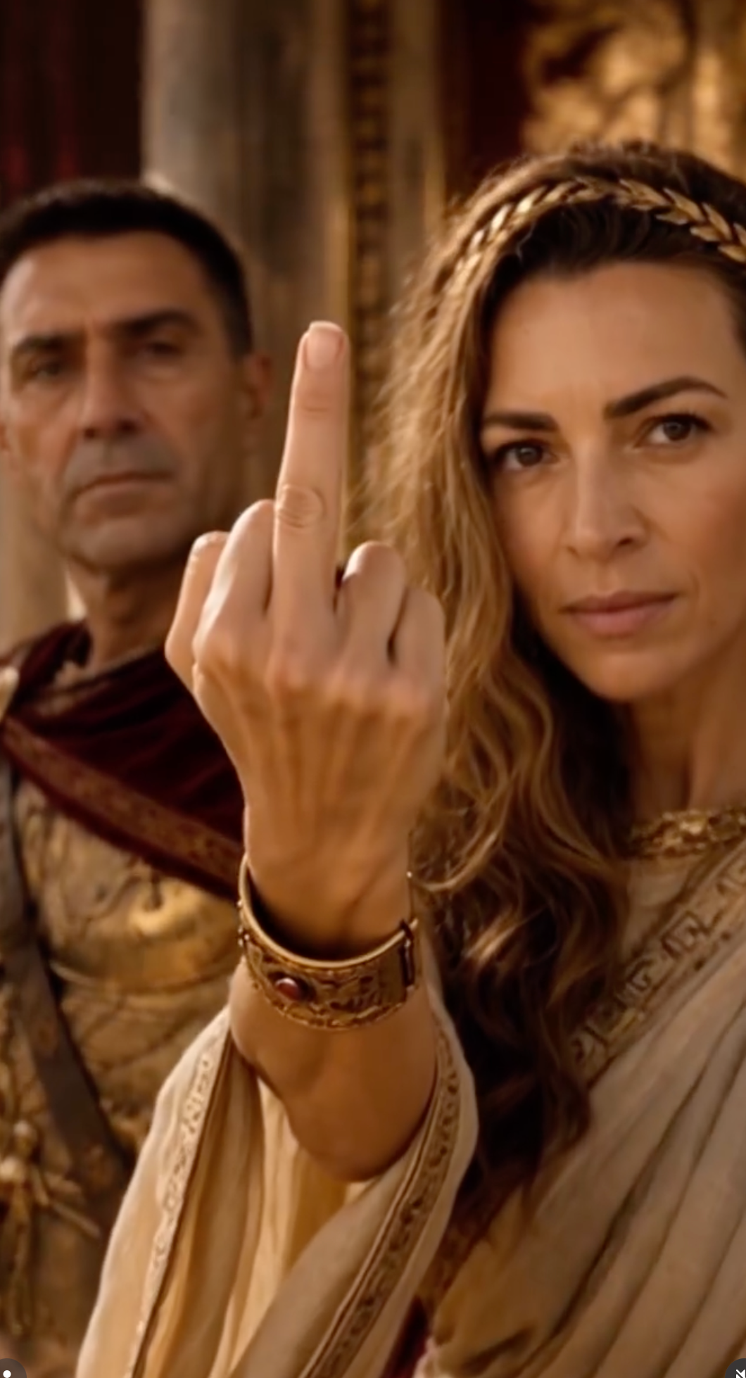 A campaign image of Vannacci with his wife dressed as a centurion: instead of giving a thumbs up to condemn prisoners, she shows a middle finger.
