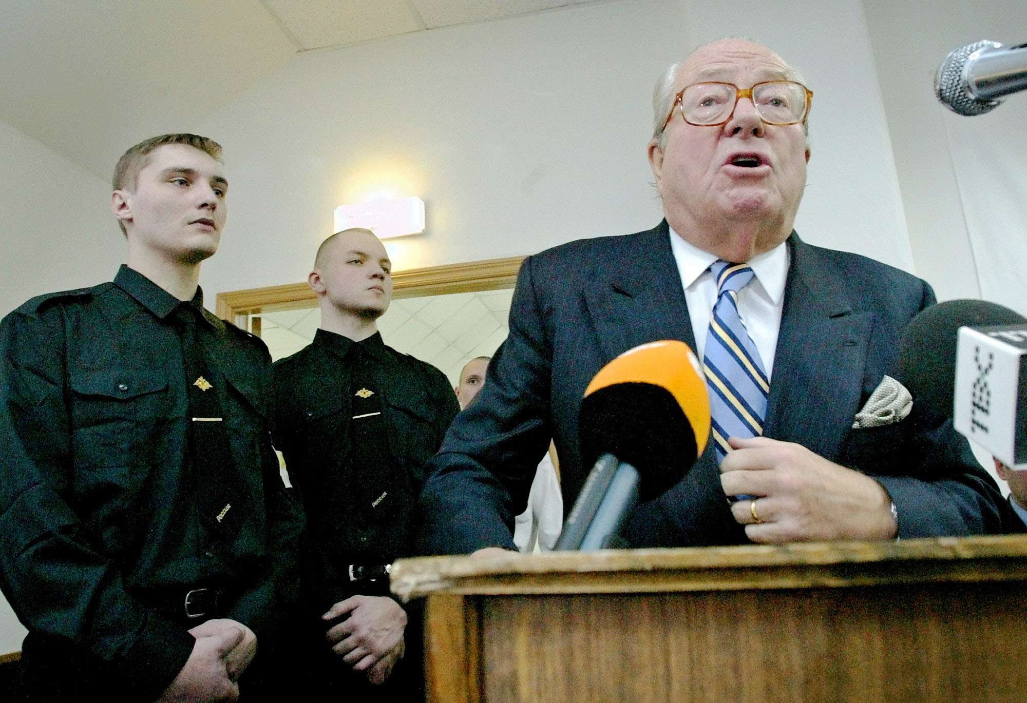 Jean-Marie Le Pen speaks at a meeting of the nationalist party Victory of the People in Moscow on February 22, 2003.