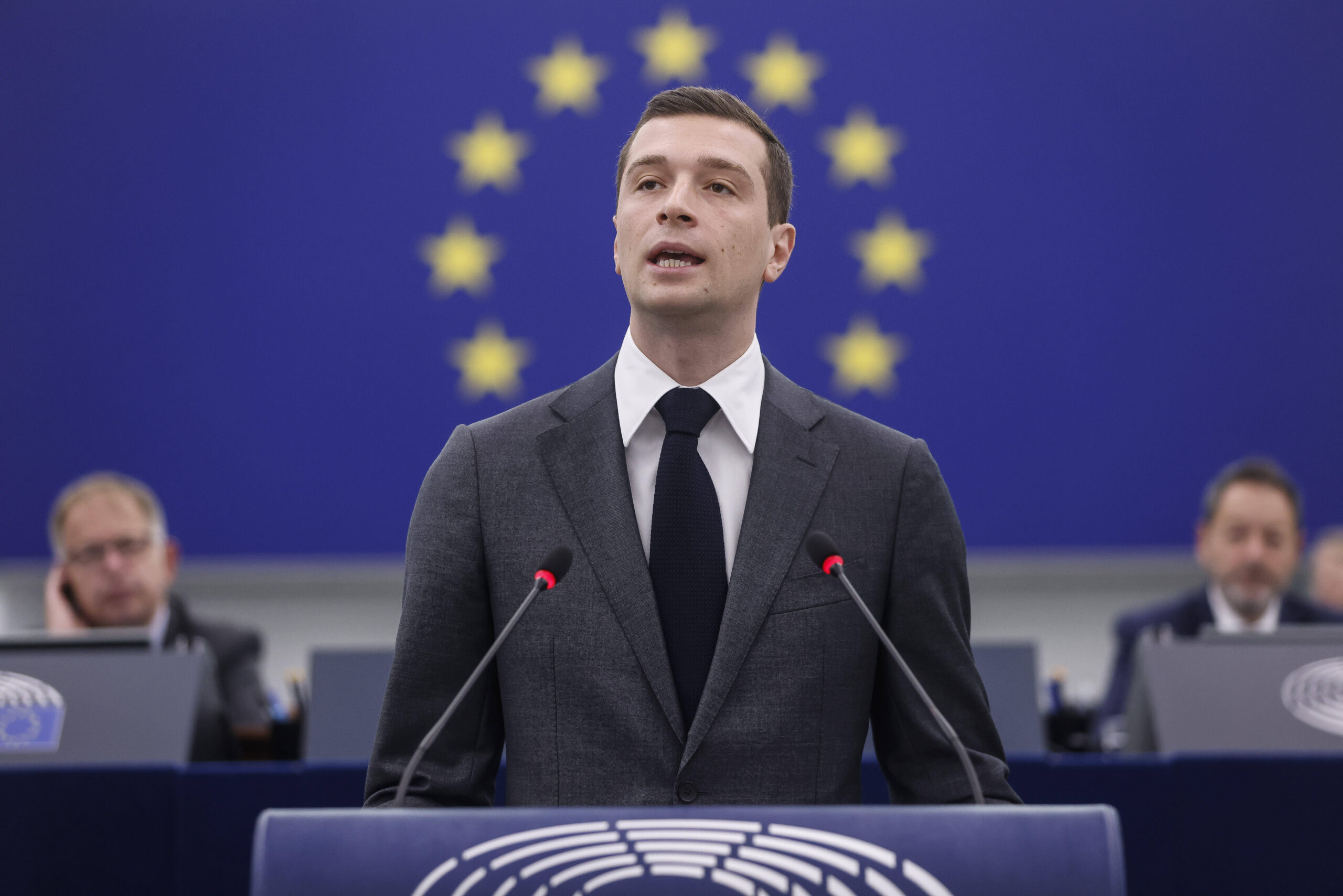 Jordan Bardella during a debate on Ukraine in the European Parliament on July 17, 2024.