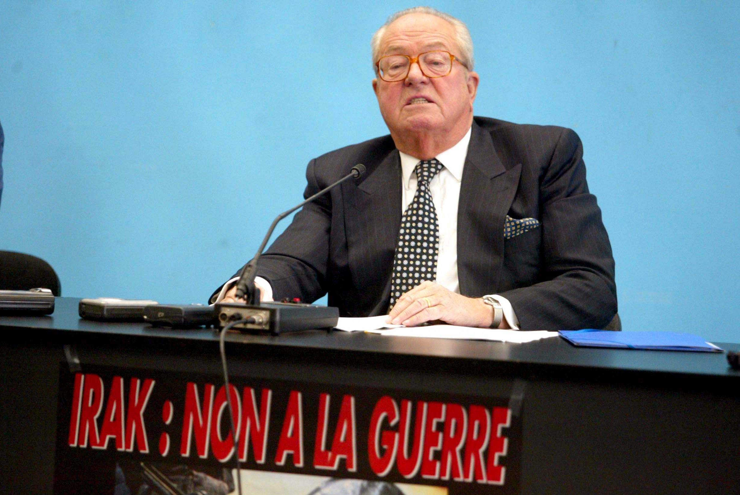 Jean-Marie Le Pen defends his trip to Russia and his opposition to U.S. action in Iraq during a press conference with his daughter, May 5, 2003.